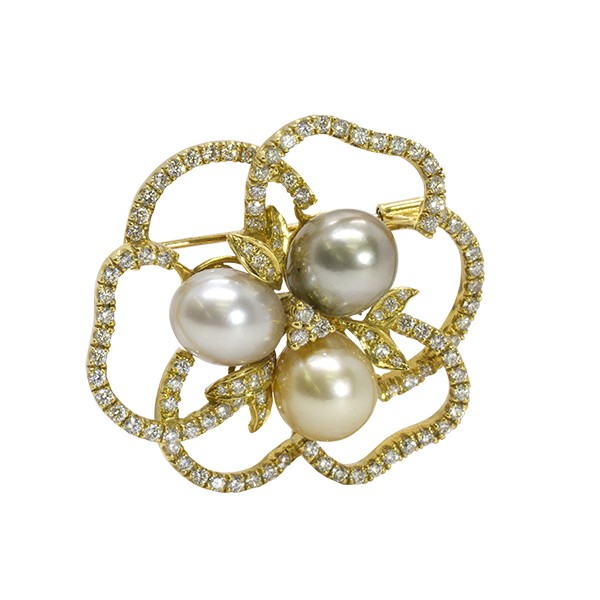 18K Multicolor Pearl & Diamond Brooch
